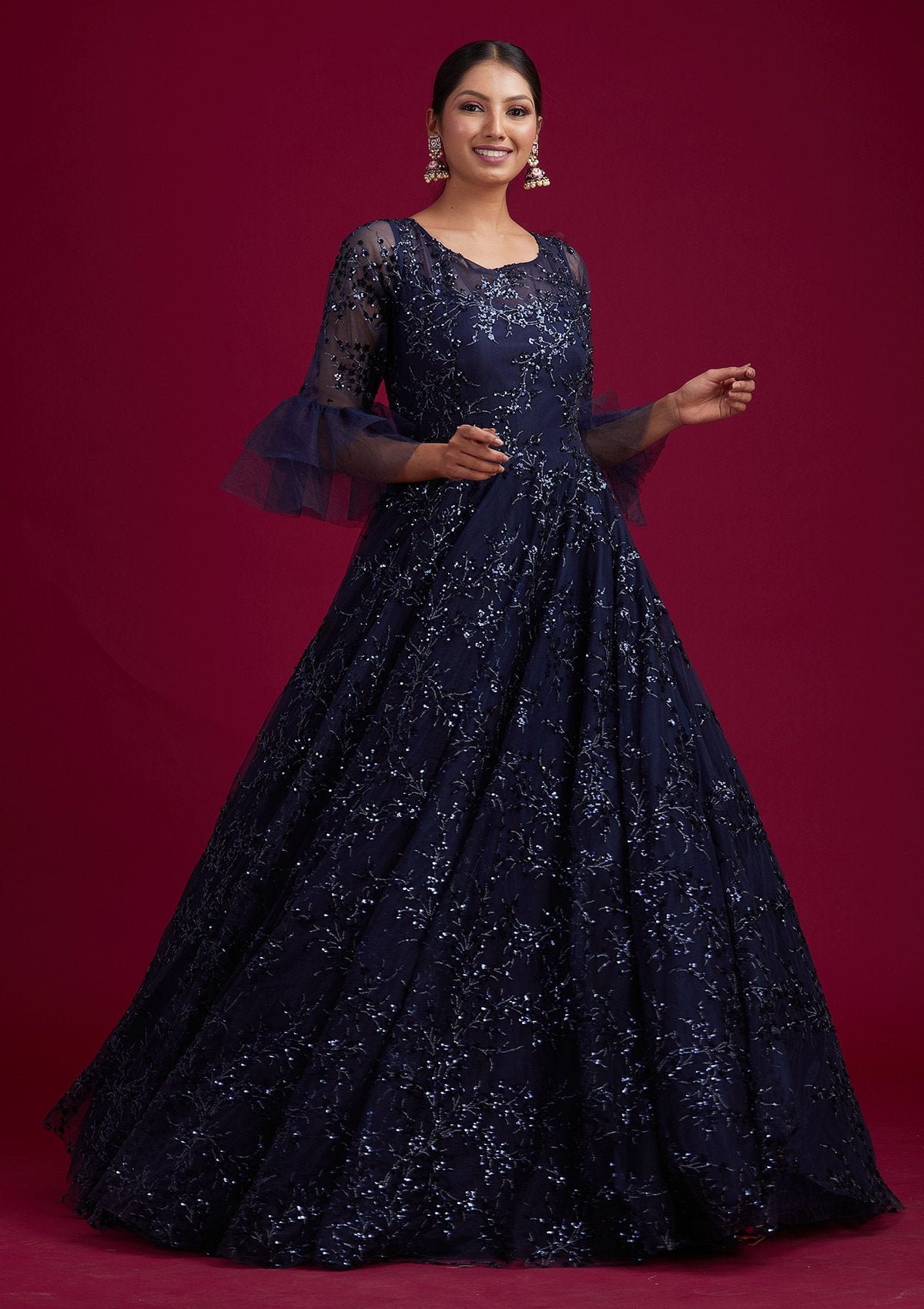 Navy Blue Sequins Net Designer Gown ...